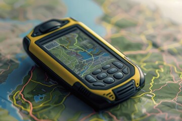 Handheld GPS device showing a detailed map on a tabletop in a well-lit environment