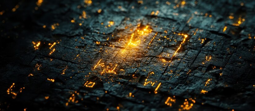 Ancient stone tablet with glowing symbols and writing in an unknown language.