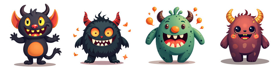 Fototapeta premium A set of cute cartoon monsters with different appearances isolated with no background. The monsters are all smiling and have friendly, somewhat scary expressions.