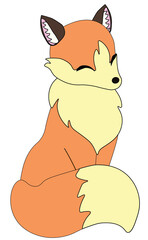 cute red fox with big fluffy tail sits happily with closed eyes, stock vector, cartoon