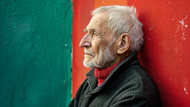 An elderly man with a white beard leans against a red wall and stares off into the distance