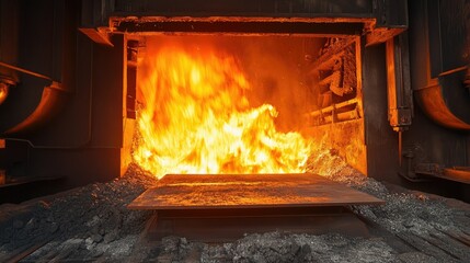 Obraz premium Industrial furnace with roaring flames, essential for metal melting and iron production in a metallurgy plant.