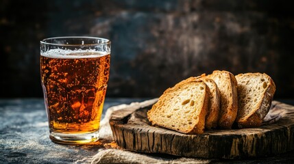 Glass of Kvass with Bread on a Rustic Table