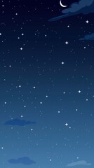 Illustration of a starry night sky with scattered clouds and a crescent moon, creating a tranquil and serene night-time atmosphere.