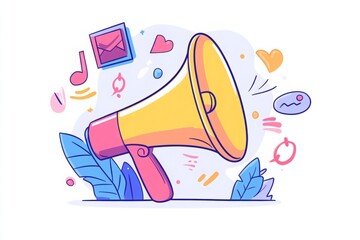 A vibrant megaphone bullhorn emitting dynamic sound waves, paired with a bold, colorful news announcement banner, designed to capture attention with an excited and urgent tone
