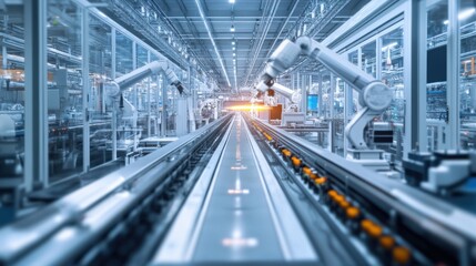 High-Tech Factory Floor with Robotic Arms Assembling Products