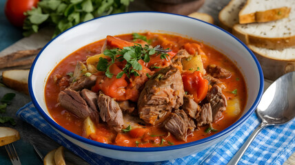 Fototapeta premium A hearty bowl of Salona, a slow-cooked meat and vegetable stew in a rich tomato-based broth, featuring chunks of meat and vegetables, topped with fresh herbs.