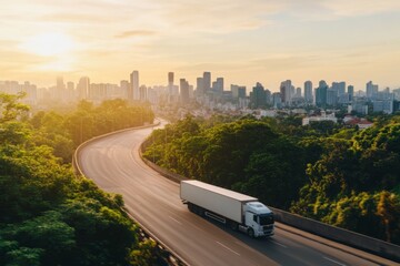 Fototapeta premium Modern cargo truck racing to its destination with speed, with copy space. Motion blur lighting. Highway and city skyline background. 