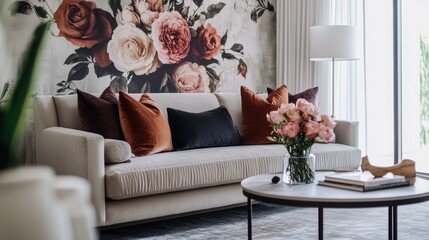 Luxurious living room with a velvet sofa, accented by floral rose wallpaper and contemporary decor, reflecting modern elegance.