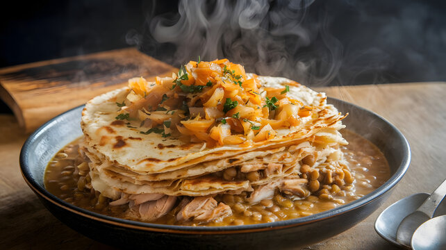 A large serving of Rfissa, featuring layers of shredded msemen soaked in fragrant lentil and chicken broth, topped with caramelized onions and fenugreek, with steam rising from the meal.






