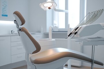 A patient smiling joyfully while reclining in a dental chair, exuding a sense of comfort and satisfaction in a friendly clinic environment, illuminated by clear