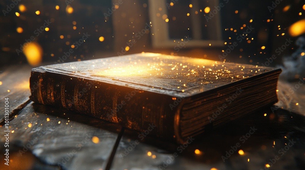 Poster magic book on a wooden table, soft glow and sparkling particles creating a fantasy atmosphere.