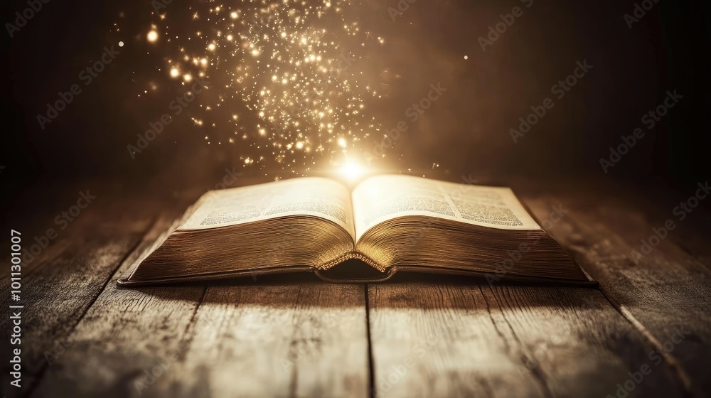 Poster magic book on a wooden table, soft glow and sparkling particles creating a fantasy atmosphere.