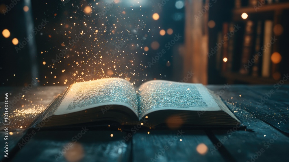 Poster magic book on a wooden table, soft glow and sparkling particles creating a fantasy atmosphere.