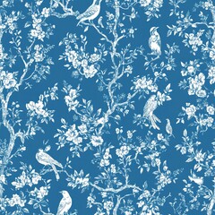 Blue and white chinoiserie floral toile seamless repeat pattern. 