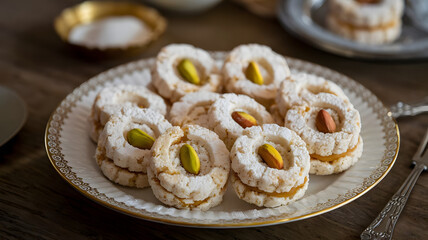 A plate of Gribah, delicate, crumbly cookies made from flour, sugar, and ghee, neatly arranged with a pistachio or almond pressed into the center for an elegant touch.






