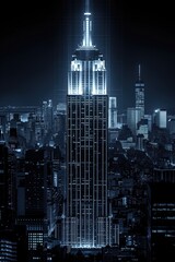 Obraz premium an architectural line drawing of a skyscraper and city skyline in vector graphics format with a black background 