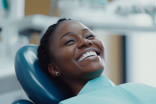 A patient smiling joyfully while reclining in a dental chair, exuding a sense of comfort and satisfaction in a friendly clinic environment, illuminated by clear