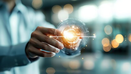 Person holding glowing sphere in modern digital setting