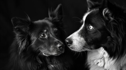 Dog Black And White. Lovely Border Collie Pet in Magic Light Portrait