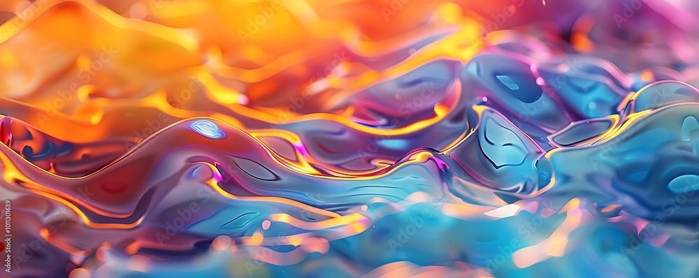 Poster a vibrant abstract image showcasing colorful waves of liquid in shades of orange, purple, and blue, 