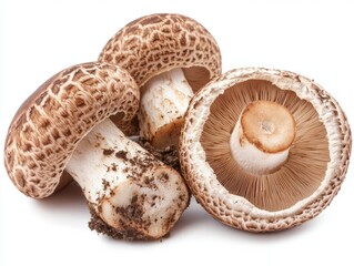 Collection of Fresh Porcini (Boletus Edulis), buttton and shitake Mushrooms with Soil and Whole Varieties – Gourmet Wild Fungi Isolated on white Background for Culinary and Foraging concept