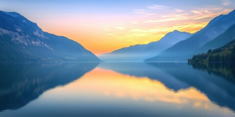 Tranquil Lake Surrounded by Mountains Reflecting the Scenery in the Water During Sunset