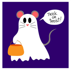 Halloween cute ghost on purple black background candy mouse costume cartoon vector illustration