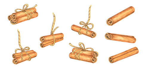 A collection of different cinnamon stick bundle tied with rustic bows. Isolated watercolor illustration. Use this clipart in craft merchandise, recipe books, eco-friendly labels, or seasonal