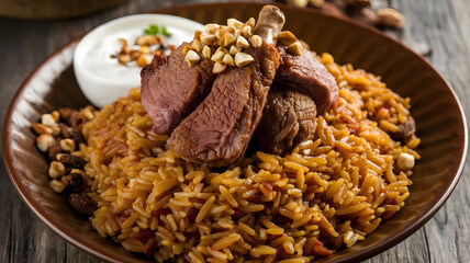 Obraz premium A serving of Hasawi rice with its reddish-brown hue and distinct flavor, topped with tender lamb or chicken, garnished with toasted nuts, and served with a side of yogurt.