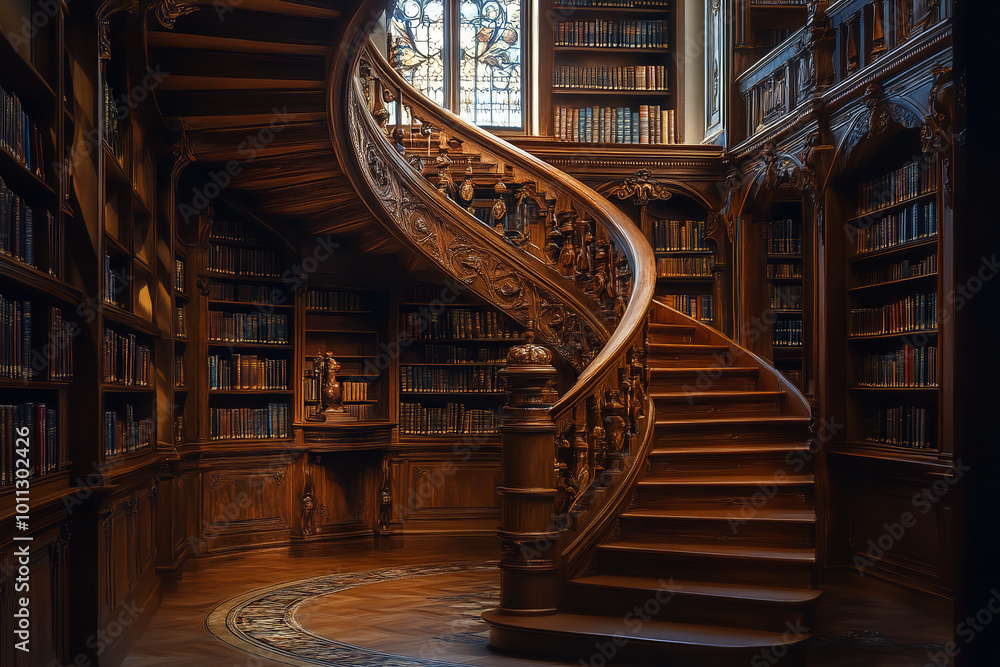 Wall mural Grand Historical Library with Spiral Staircase and Rich Decor  