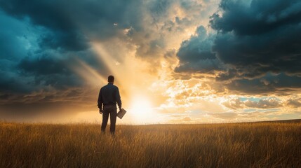 Fototapeta premium Man Standing Under a Dramatic Sky Holding a Bible as Beams of Light Break Through the Clouds