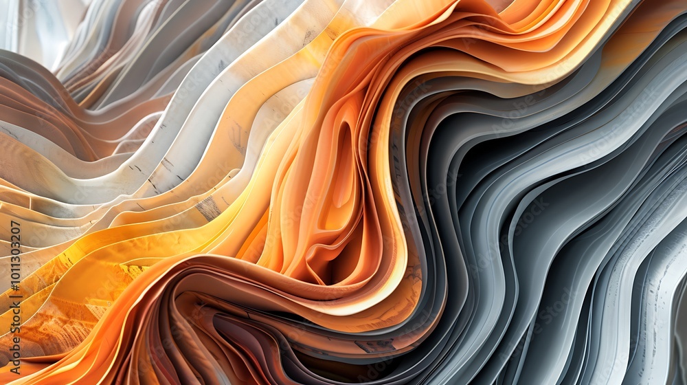 Poster abstract swirls of fabric or paper featuring warm orange and cool gray hues, creating a dynamic visu