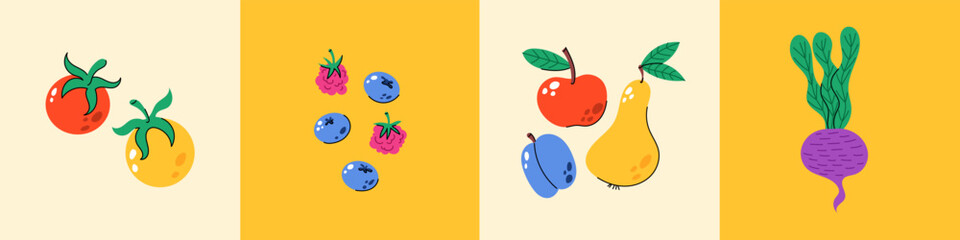 Doodle fruits and veggies. Modern organic geometry minimal style. Simple tropical fruits and vegetables. Vector flat.