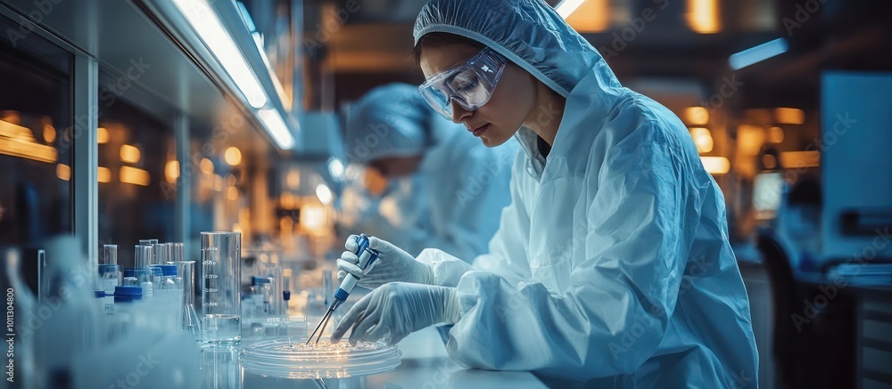 Poster a female scientist in a lab coat and protective gear works in a laboratory, carefully using a pipett