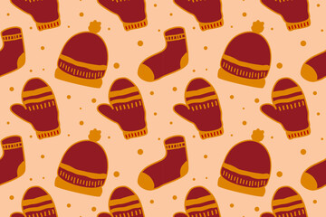 Christmas seamless pattern. Cute Hats, gloves and socks hand drawn. Celebrate festival. Design for background, vector illustration, fabric, clothing, carpet, textile, gift, paper, greeting cards.