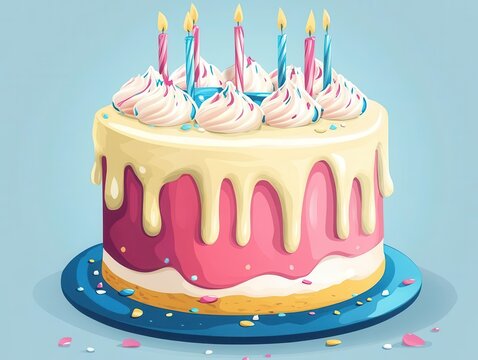 recommend clip art: Dripping icing birthday cake flat design side view, pastry theme, cartoon drawing, Complementary Color Scheme