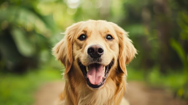 Golden retriever dog smiling in a park