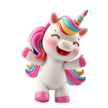Naklejki Cheerful girl unicorn cartoon character in 3d style design with colorful rainbow mane hair standing happily with hands up. Cute fairytale fantasy animal concept