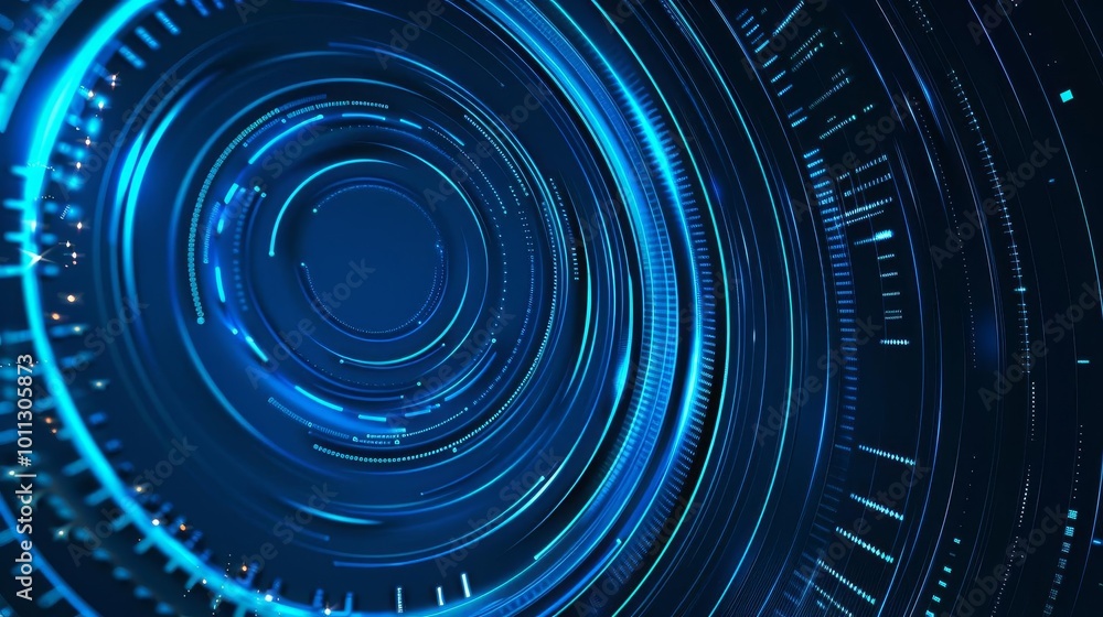 Poster abstract blue glowing circular pattern with digital elements.