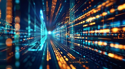 Abstract digital tunnel of light and data streams, futuristic concept.