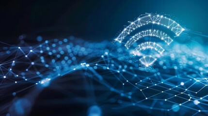 Abstract background of wireless network and connection data with a WiFi symbol, illustrating connectivity and digital communication for tech-related themes with copy space