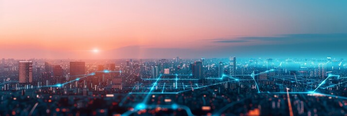 Obraz premium Aerial view of a city skyline with glowing lines connecting buildings at sunset.
