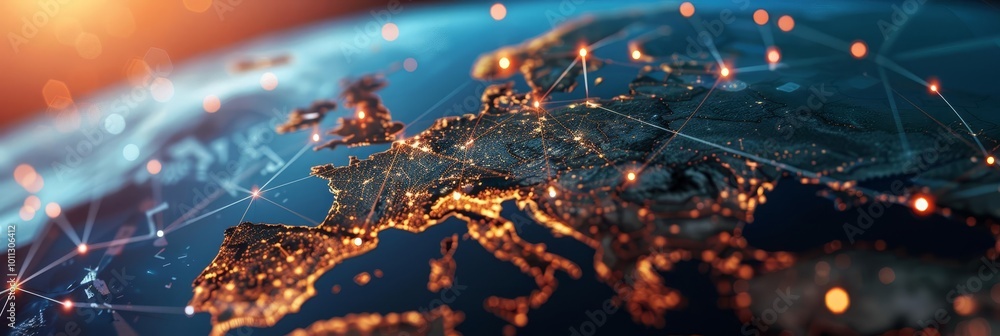 Poster europe on a glowing globe with interconnected lines, representing global connection.