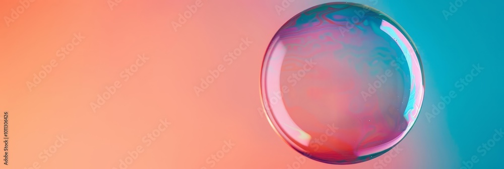 Poster a single iridescent bubble on a gradient background.