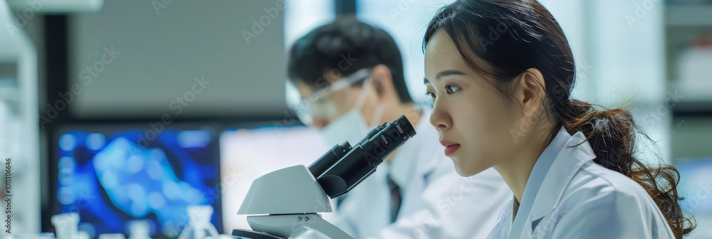 Poster a woman scientist using a microscope in a laboratory