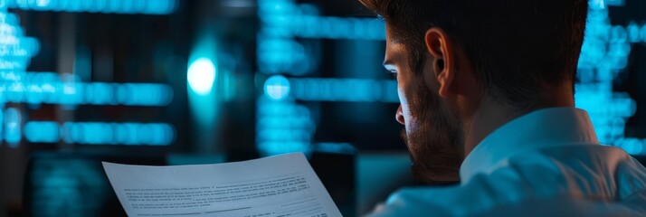 Businessman reviewing digital bankruptcy papers, reflecting modern financial distress in a world dominated by advanced technology and holographic interfaces