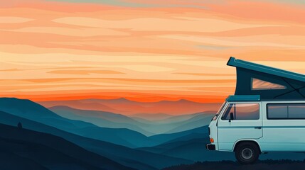 A white camper van parked on a mountaintop at sunset.