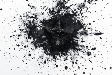 Black ink splattered on white background, abstract art.