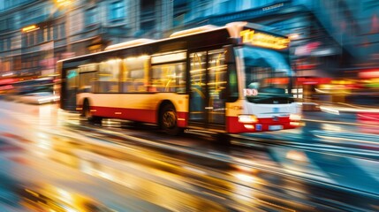 City bus in motion blur, representing public transportation in urban traffic, highlighting the efficiency and movement of city life with copy space